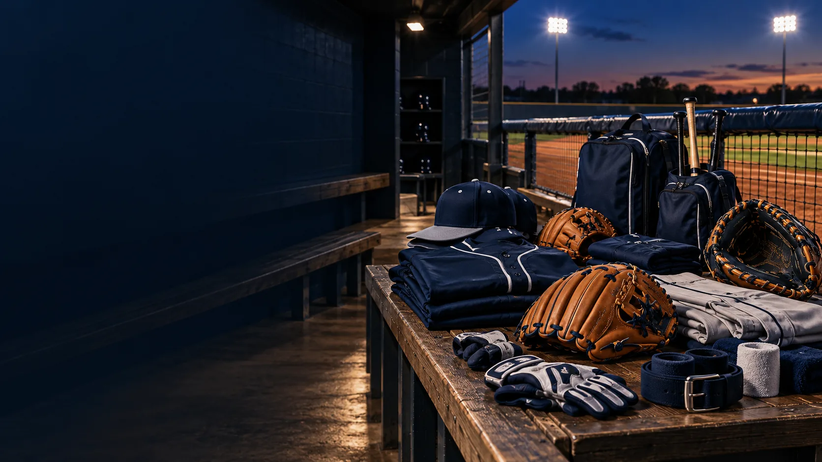 baseball team geares arranged in a stadium clubhouse