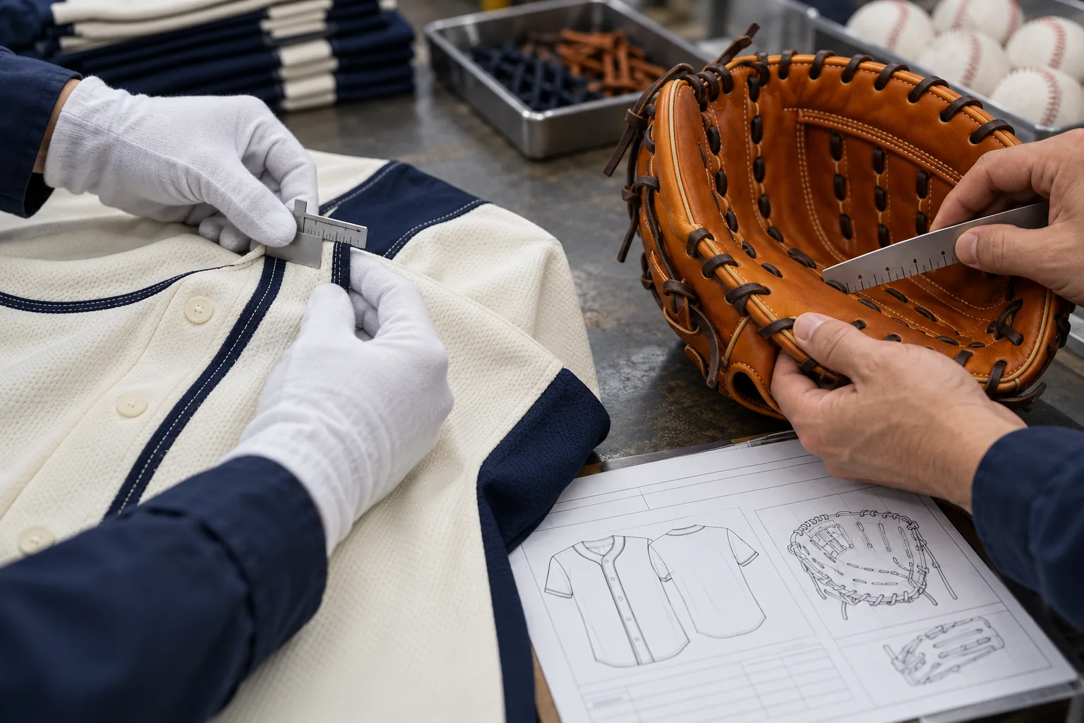Technician inspecting baseball team geares at a quality desk